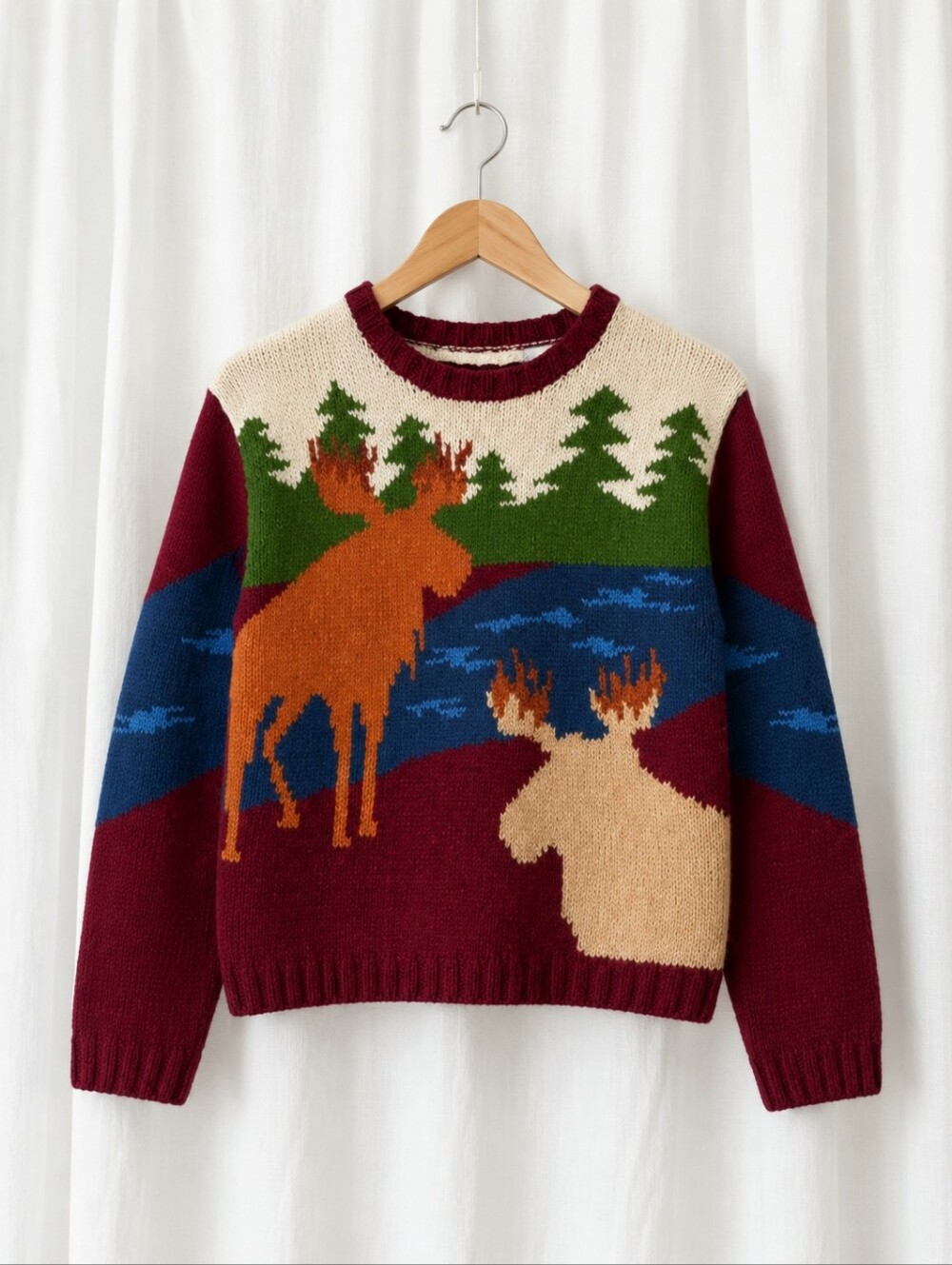 Vintage Lizsport Moose Intarsia Knit Sweater Woodland USA Made Rustic Pullover